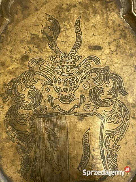 Elegancka patera rodowa herbu Rogala mosiądz Kraków