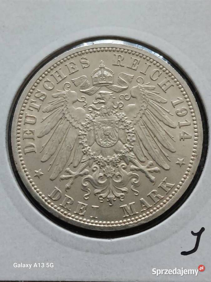 3 Marki Prusy Wilhelm II 1914 r men A Śliczny Numizmatyka Konin