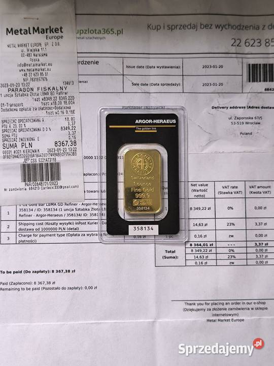 Sztabka Złota 1 uncja ARGORHERAEUS Oława