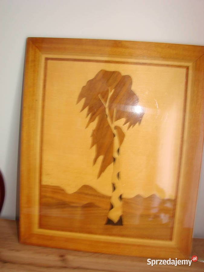 Brzoza drewniany inkrustowany obraz PRL Pruszcz Gdański