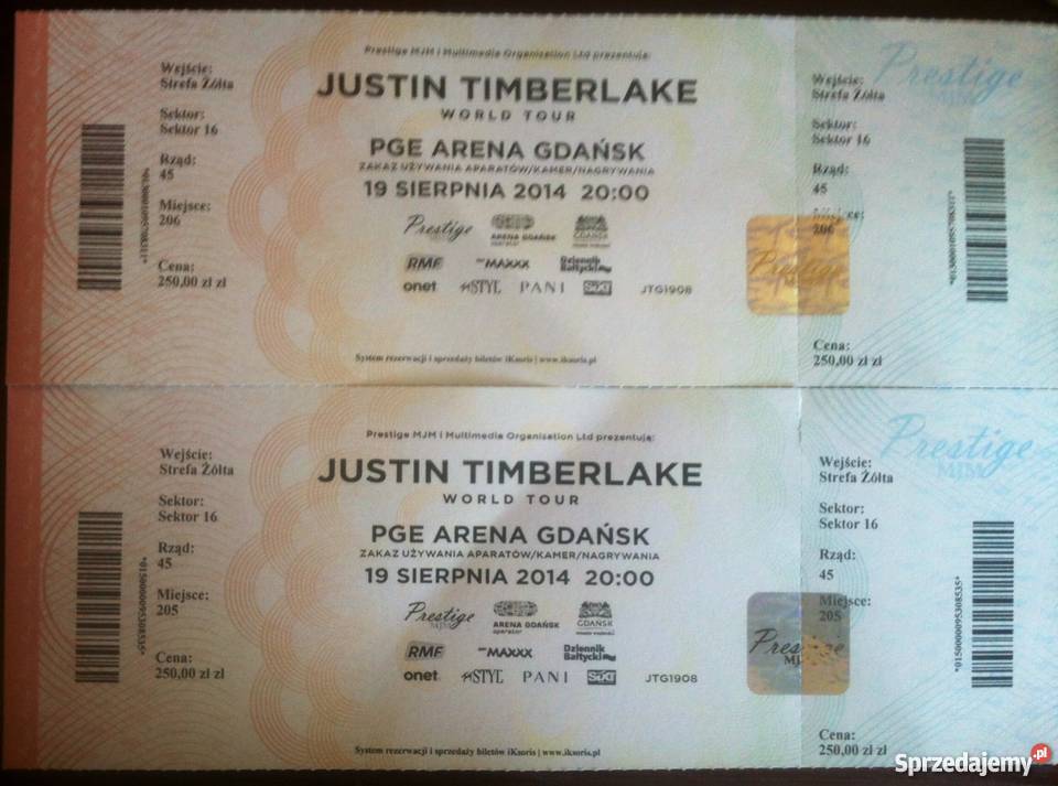 Justin Timberlake 2 bilety na koncert 1908br Gda Częstochowa