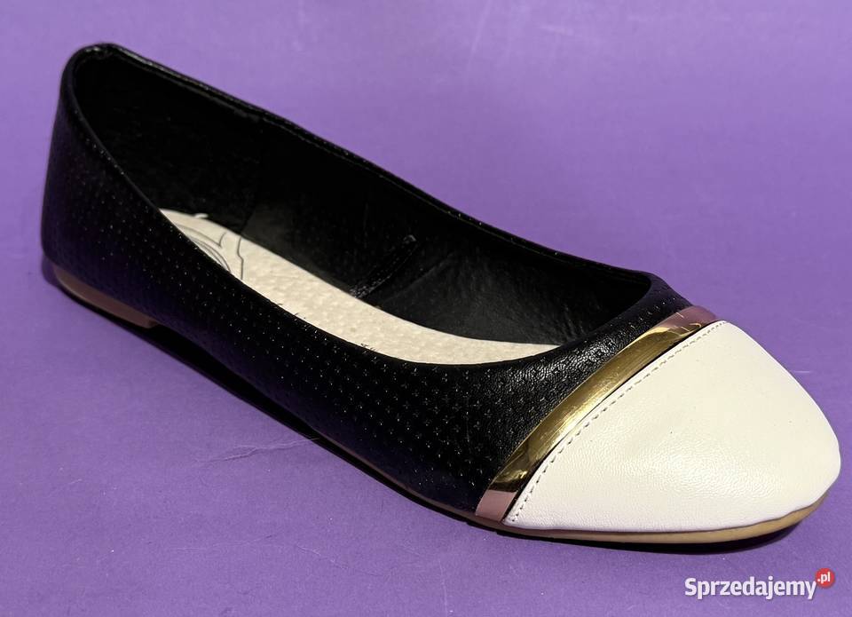 Czarne baleriny z białym czubkiem skórzana 24.5cm Żyrardów