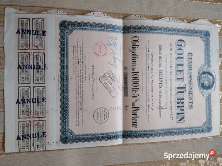 Akcja 1000 franków GOULET TURPIN 1932r Siemianowice Śląskie