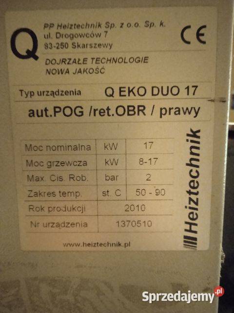 Sprzedam piec Heiztechnik Q EcoDUO 17kW Kotły i Piece CO mazowieckie Drgicz sprzedam