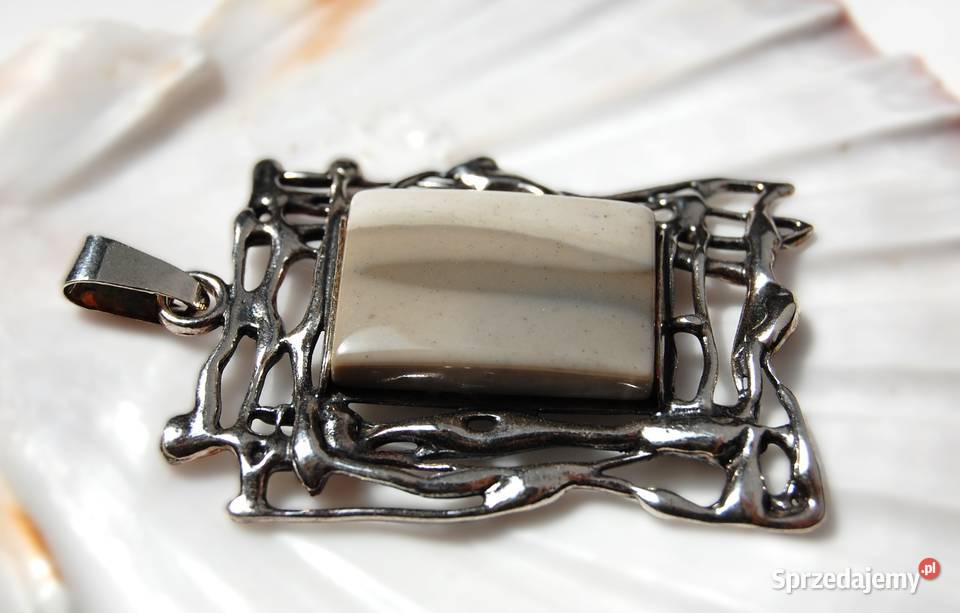 Wisior prostokątny krzemień pasiasty szary srebro Naszyjniki Lublin