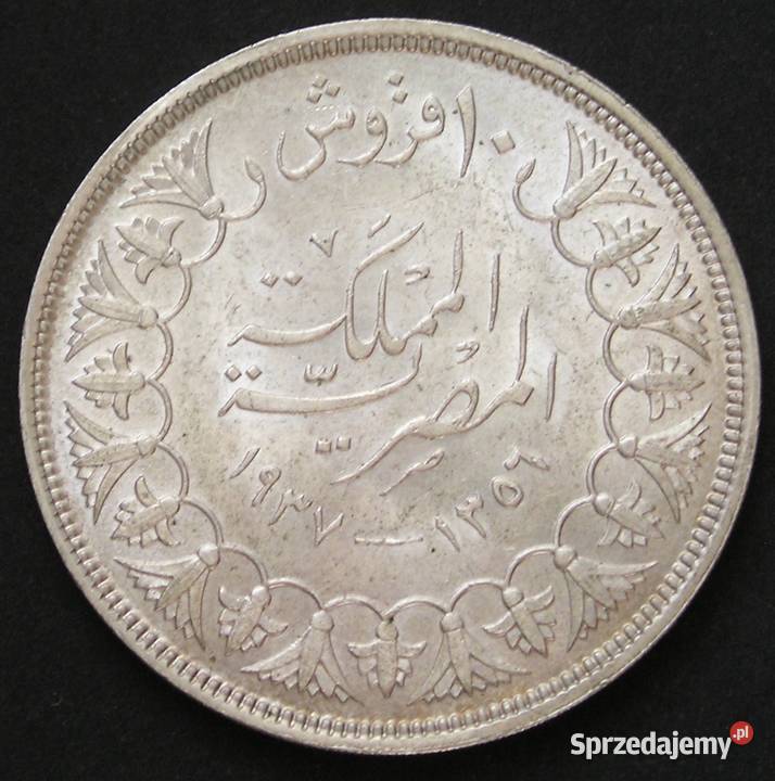 EGIPT 10 PIASTRÓW 1937 KRÓL FARUK SREBRO STAN 1 Łódź