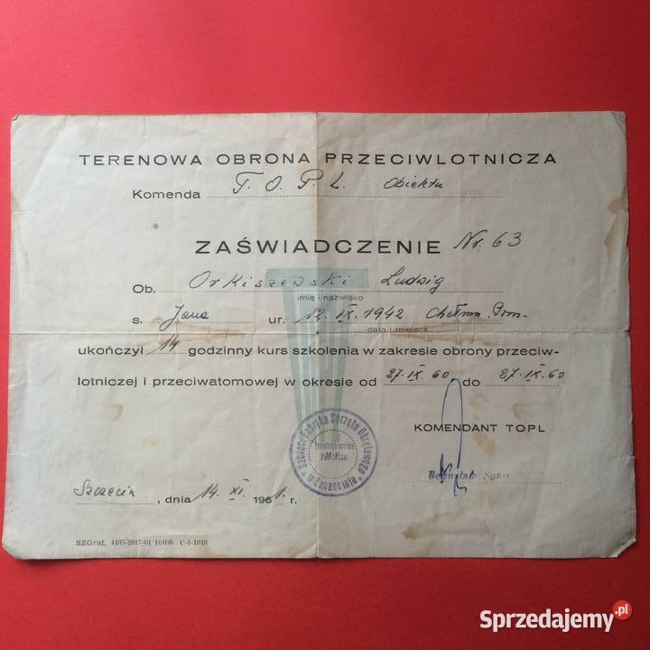 1720 Zaświadczenie Orkiszewski Szczecin