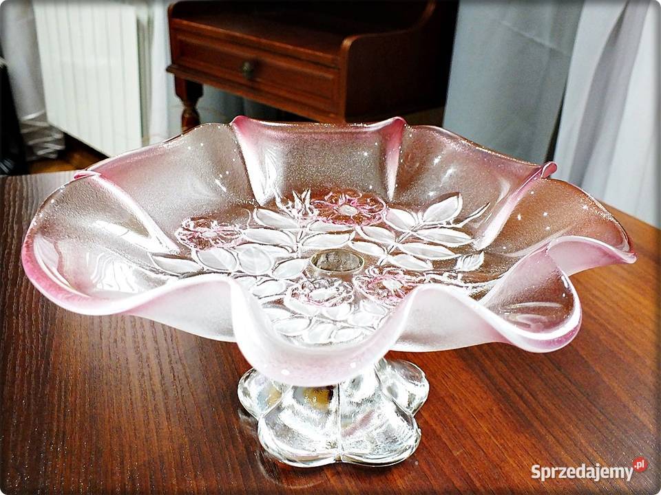 Stara Patera szklana Różowe Szkło z tłoczonymi