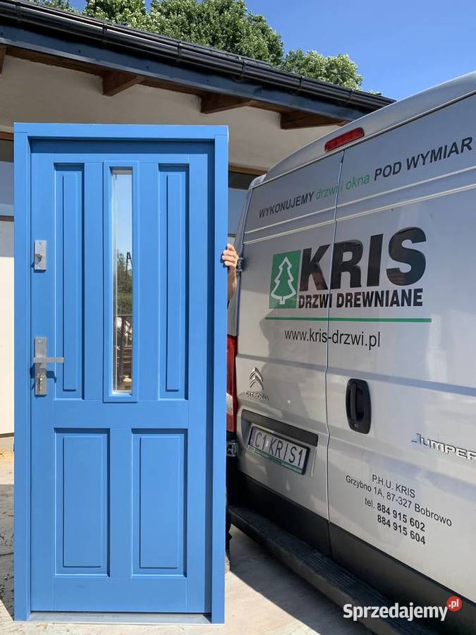 DRZWI ZEWNĘTRZNE DREWNIANE NIEBIESKIE ANGIELSKIE Bobrowo