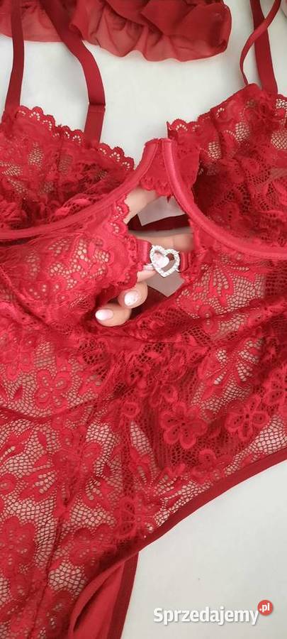 seksowny koronkowy komplet wiśniowy kabaretki Warszawa