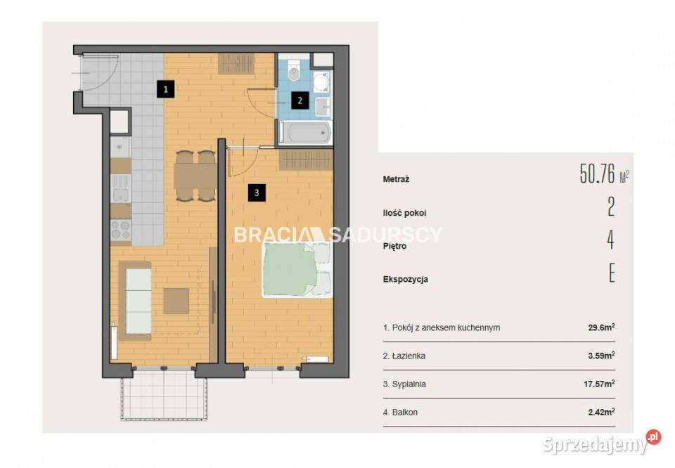 Mieszkanie Kraków Aleja Kijowska 5076m2 2pok Liczba pokoi 2