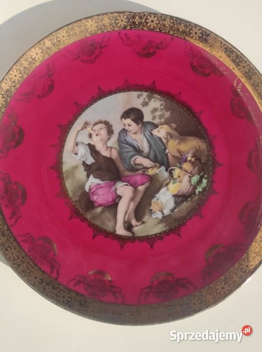 Patera Children picnic with dog Piknik chłopców Porcelana i szkło łódzkie Pabianice sprzedam