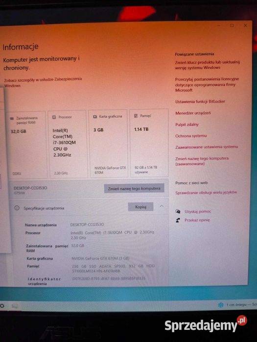 ASUS G75VW i73610QM 32GB RAM GTX 670M 3GB SSD Asus małopolskie Libiąż