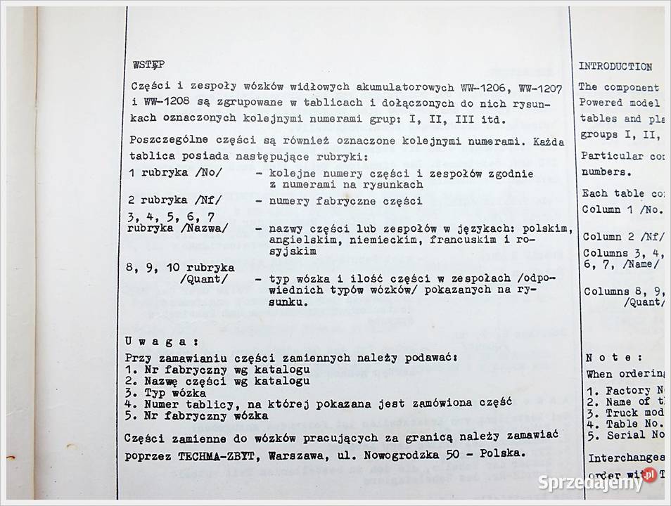 Katalog części wózek widłowy akumulatorowy WW