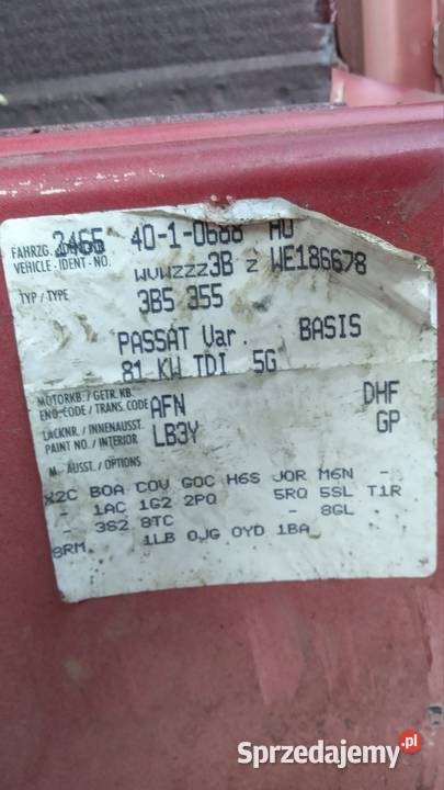 Passat B5 98r 19 tdi AFN części LB3Y silnik Pozostałe Wojciechów-Kolonia
