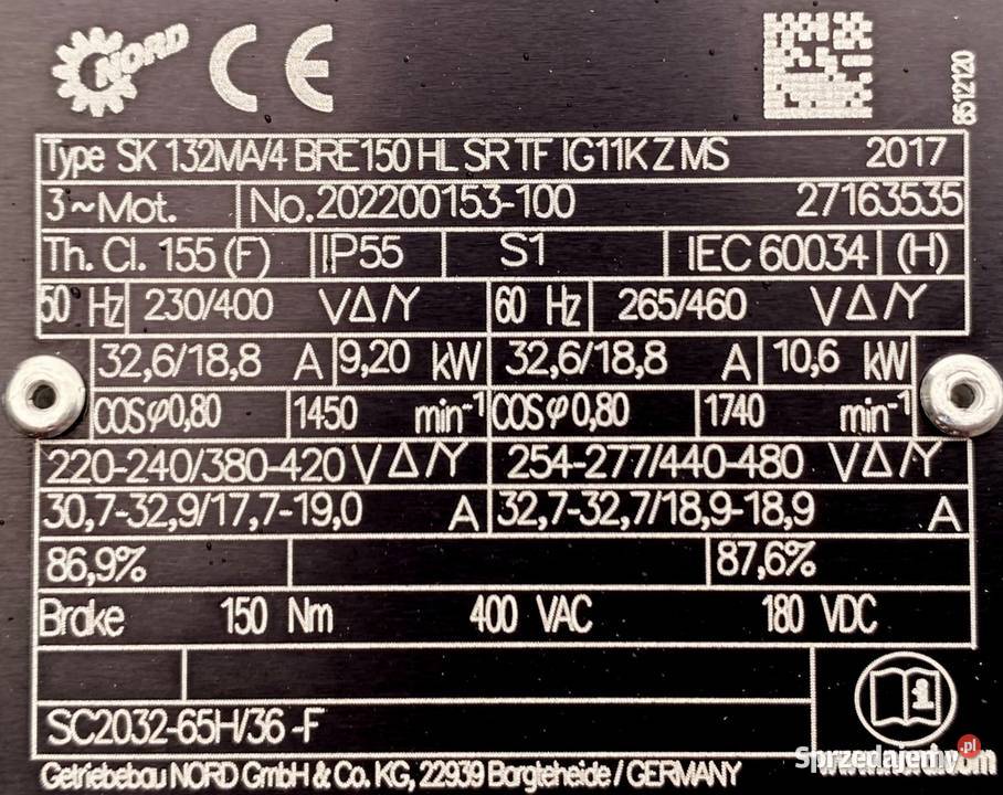 motoreduktor przekładnia 92kW 46obr HAMULEC NORD kujawsko-pomorskie Pigża