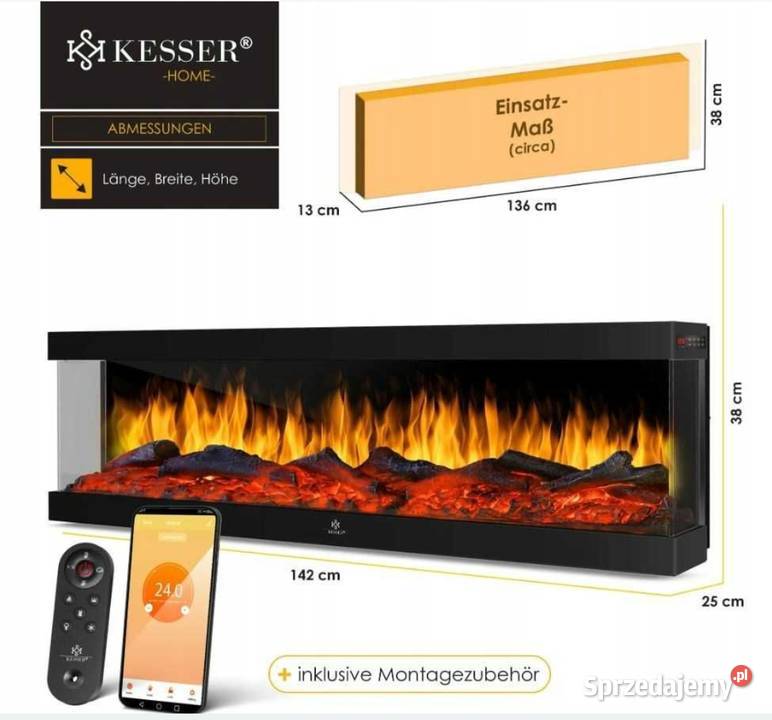 KOMINEK ELEKTRYCZNY LED 3D ŚCIENNY 1800W APP Ogrzewanie Miechów