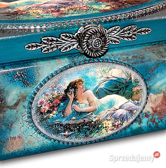 SZKATUŁKA drewniana NIMFY turkus srebro cyrkonie wielokolorowy Bydgoszcz