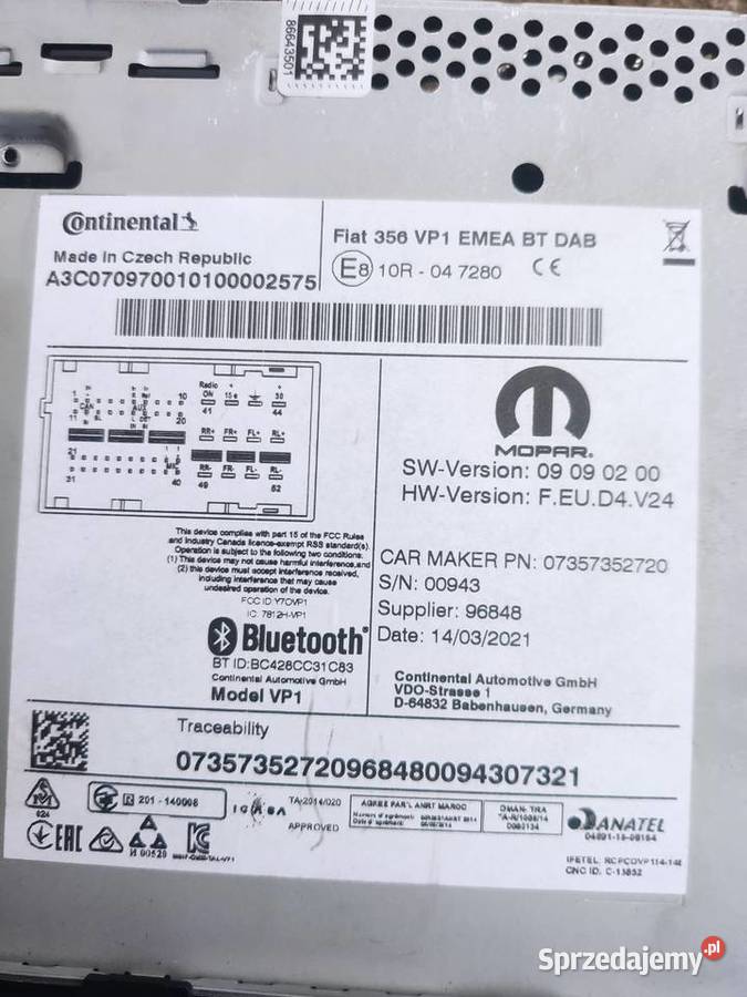 Radio Fiat Tipo 2 BLUETOOTH 2021 sprzedam