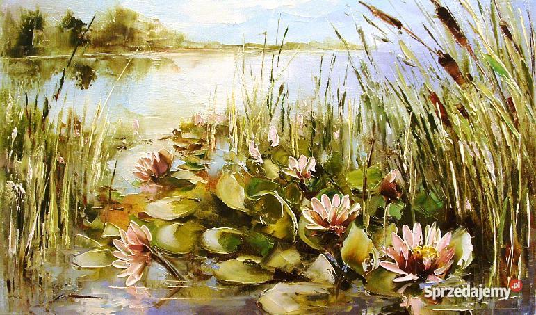 Nenufary - Obraz olejny, kwiaty, szpachla, 50X30