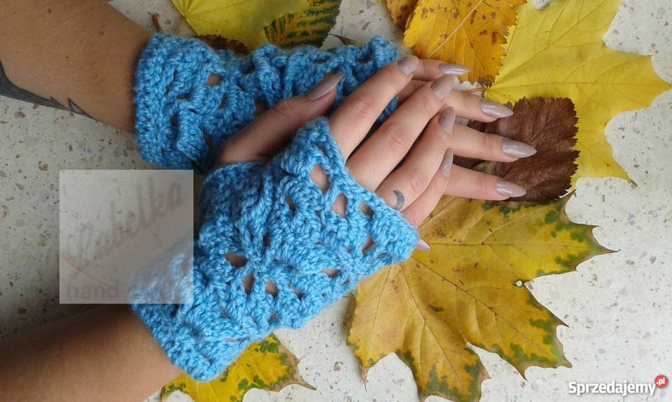 Rękawiczki mitenki niebieskie na szydełku sprzedam