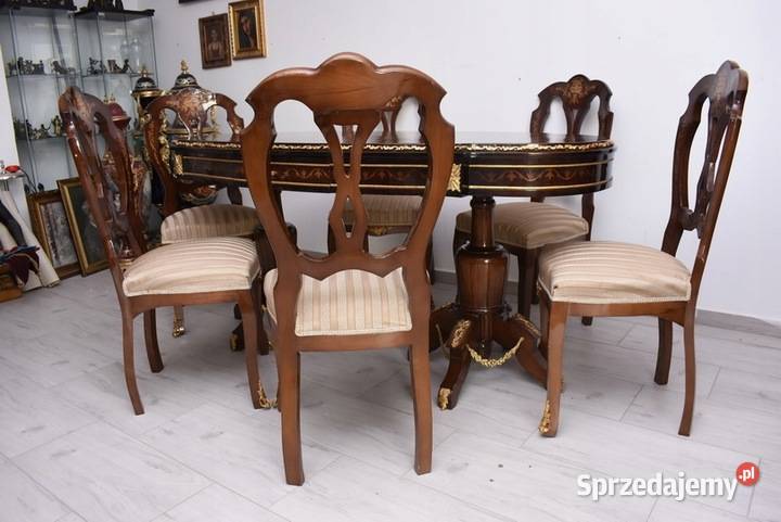 Okrągły Stół 6 Krzesła Intarsje Styl Ludwikowski Meble do salonu Kraków sprzedam