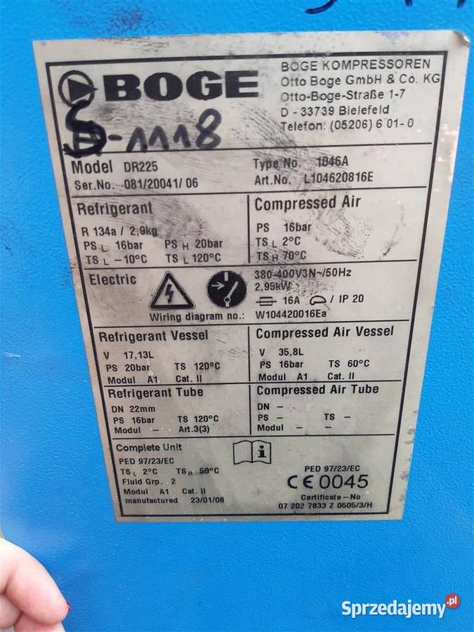 Osuszacz powietrza ziębniczy BOGE DR 225 295kW Wilków