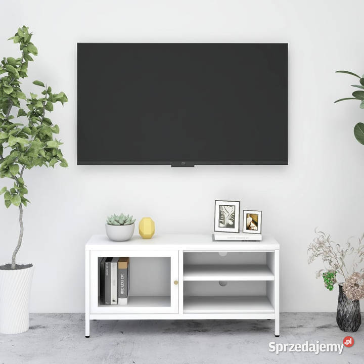 Szafka pod telewizor biała 90x30x44 stal i szkło