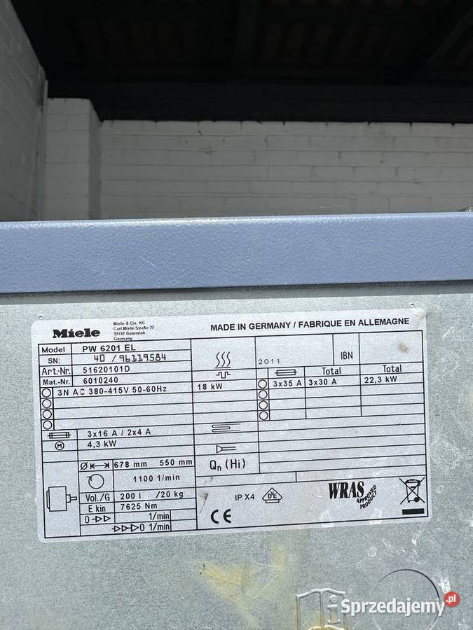 Miele pw 6201 Pralnico wirówka pralka 20 Pozostałe Świnoujście sprzedam
