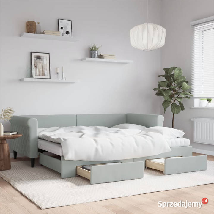 Sofa rozsuwana z szufladami jasnoszara aksamit Łóżka Warszawa