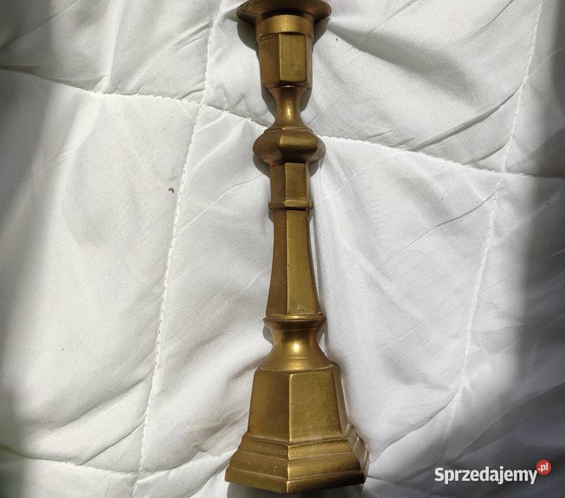 Piękny stary wysoki świecznik mosiężny lichtarz Antyki Gdańsk