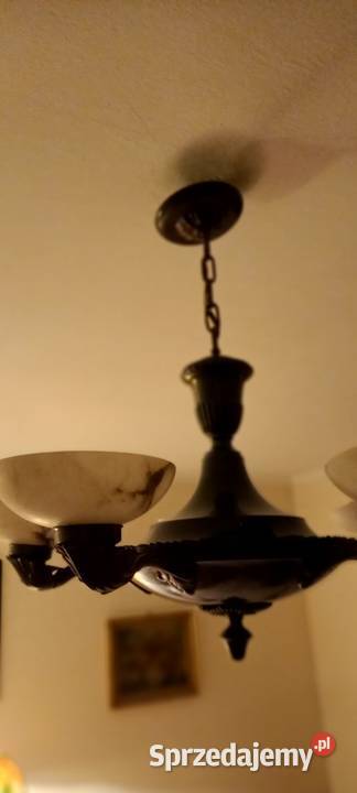 Pięcioramienny mosiężny żyrandol klosze Antyki Skierniewice