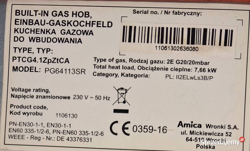 Kuchenka gazowa do wbudowania Amica Kuchenki i piekarniki Gliwice sprzedam