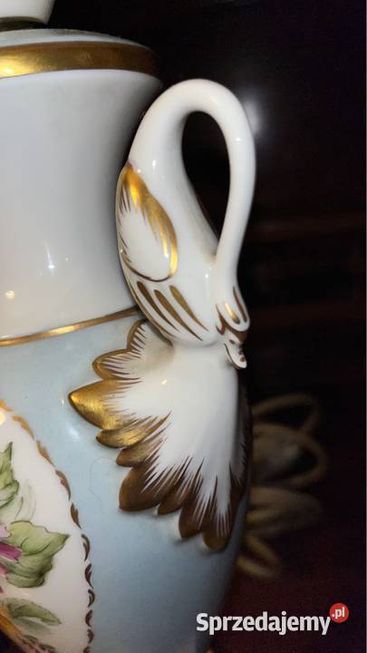 Lampa z łabędziami Syg Kaiser Błękitna złocona z Gdańsk