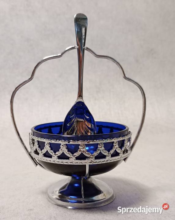 Szklana Cukiernica w koszyku Kobaltowe Szkło Porcelana i szkło Kraków