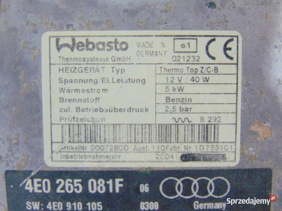 WEBASTO DOGRZEWACZ AUDI A8 D3 4E0265081F