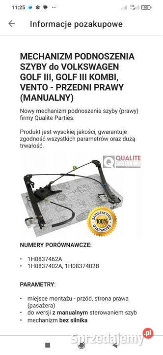 Podnośnik szyby prawy przód VW Golf III osobowe Świdnica