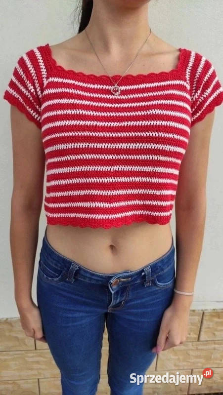 Czerwony tkany top w paseczki handmade MANGO r L