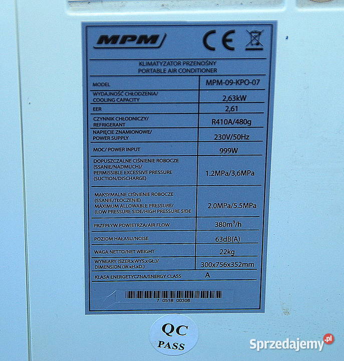 Klimatyzator 263 kw przenośny MPM09KPO07 mazowieckie Warszawa sprzedam