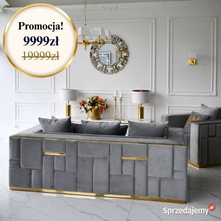 Sofa nowoczesna 3 os Szara Złota Glamour Dom i Ogród mazowieckie Warszawa