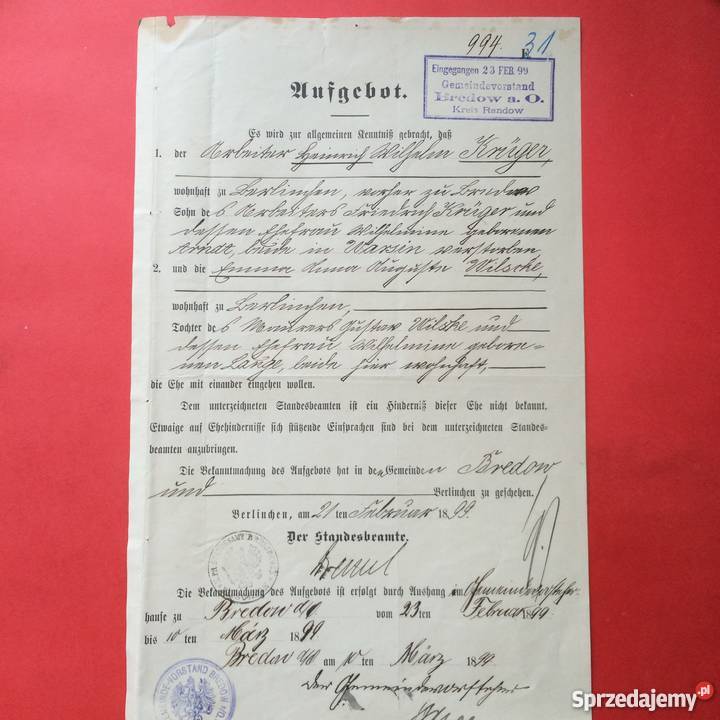 52 Niemiecki Dokument z 1899 roku Szczecin