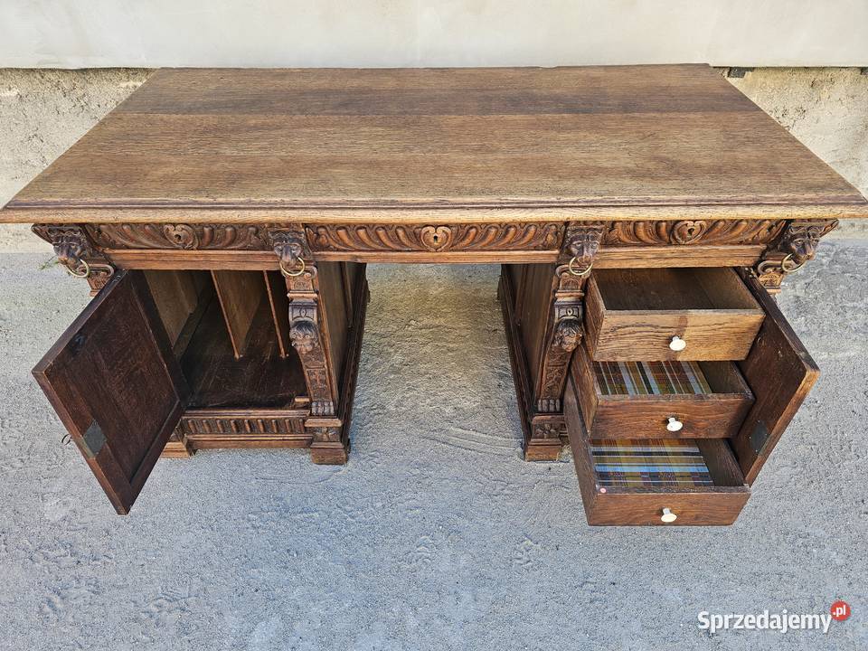Neorenesansowe biurko gabinetowe z lwami antyk Wałbrzych