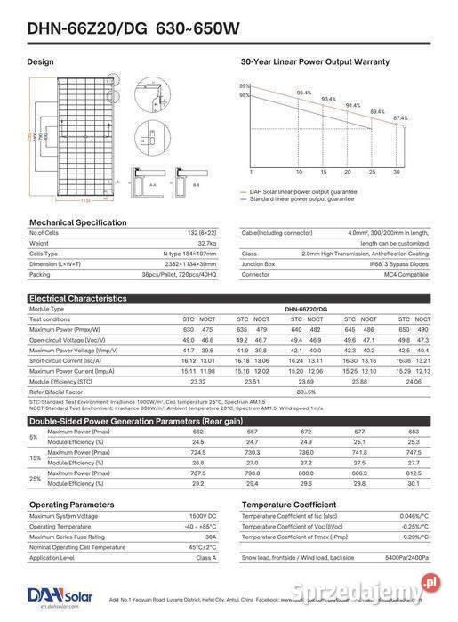 Panel fotowoltaiczny DAH SOLAR 620W Bifacial 459