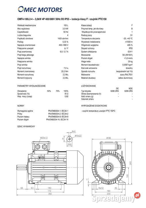 silnik elektryczny 3kW 1400obr 3fazowy 100B3 OMT Pigża
