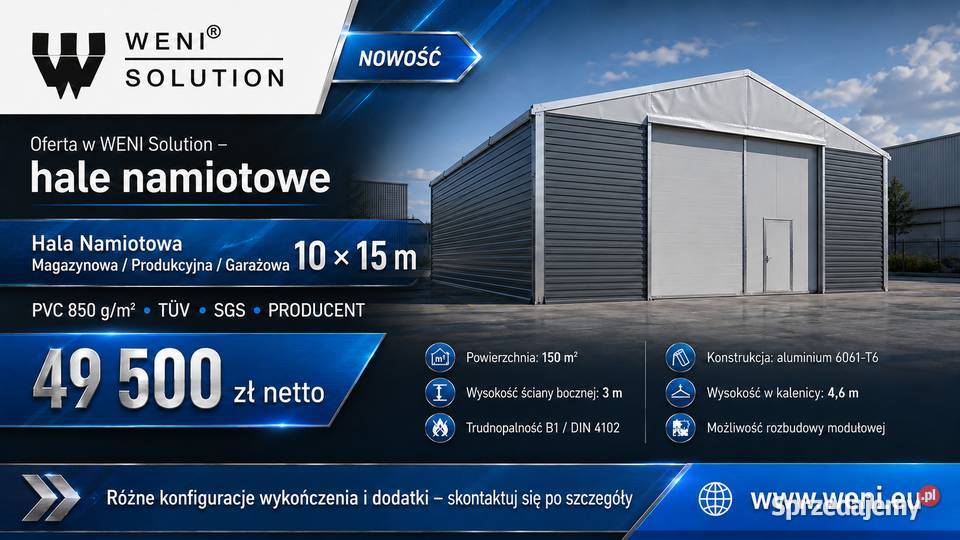 Hala Namiotowa Magazynowa Produkcyjna 10x15m - 850 g/m TUV SGS