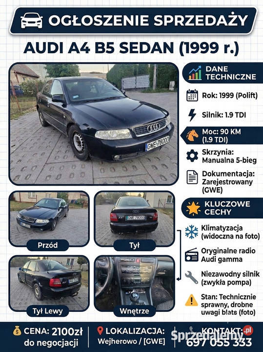 AUDI A4B5 19 TDI Rok produkcji 1999 Wejherowo