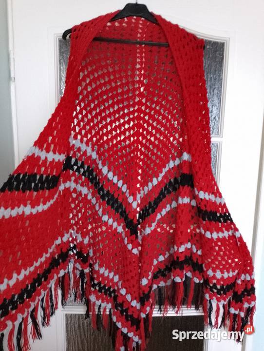 CHUSTA ażurowa trójkątna z frędzlami duża poncho Dla kobiet