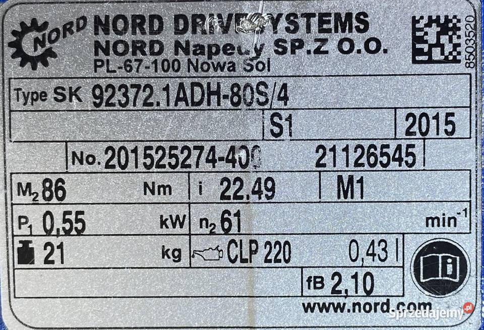 motoreduktor przekładnia 055kW 61obr 3fazowy Pozostałe kujawsko-pomorskie Pigża sprzedam