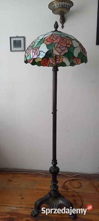 Stara mosiężna lampa podłogowa klosz witraż w Skierniewice