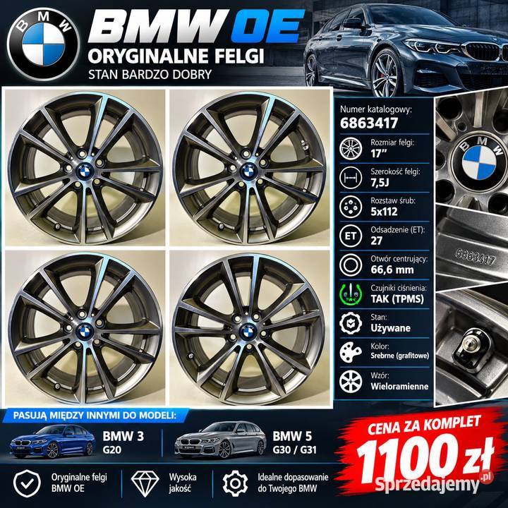 BMW 3 G20 5 G30 G31 Felgi aluminiowe 75Jx17 ET27 Średnica 17" Samochodowe Zgorzelec sprzedam